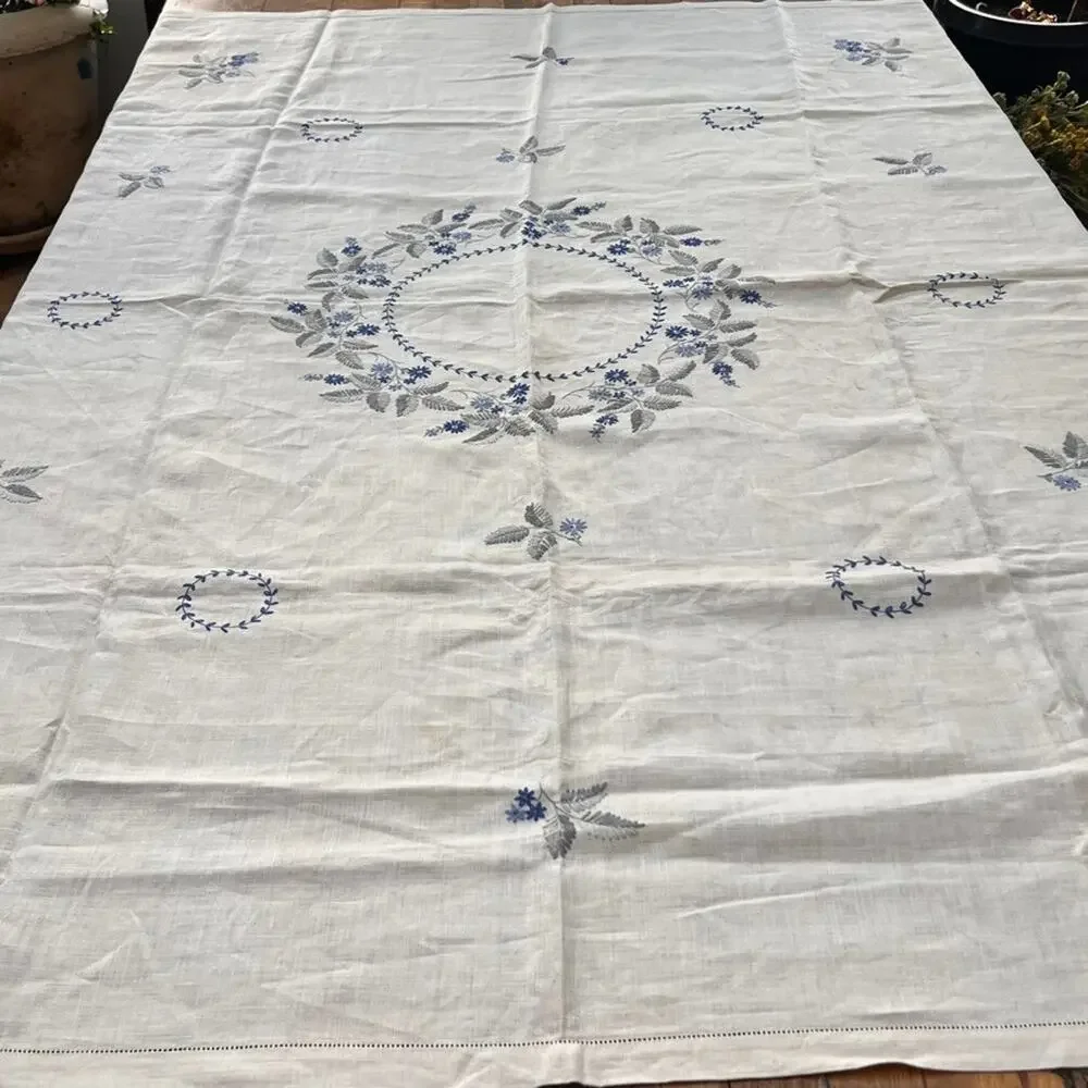 Antique Linen Tablecloth Blue & White Florals Hand Embroidered 64.5 x 47